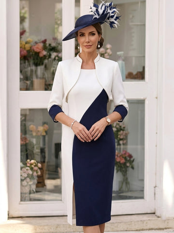 Two Piece Sheath/Column Knee-Length Jewel Neck Short Sleeve Mother of the Bride Dress with Jacket