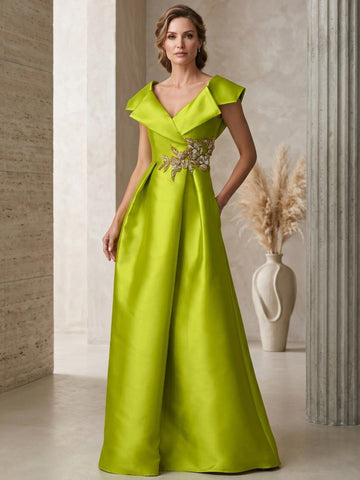 A-Line Short Sleeve Length  V Neck Satin Rhinestone Mother of the Bride Dresses
