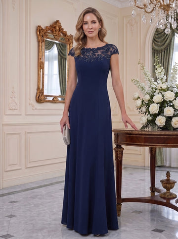 A-Line/Princess Jewel Neck Short Sleeves Floor-Length Mother of the Bride Dresses With Appliques