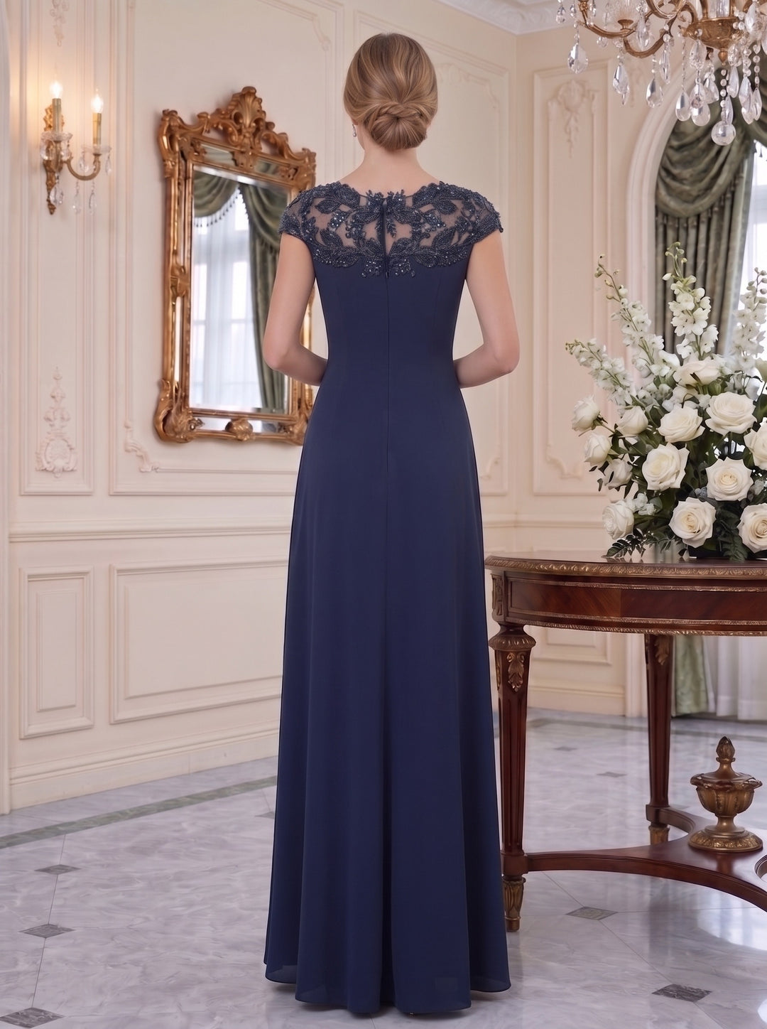 A-Line/Princess Jewel Neck Short Sleeves Floor-Length Mother of the Bride Dresses With Appliques