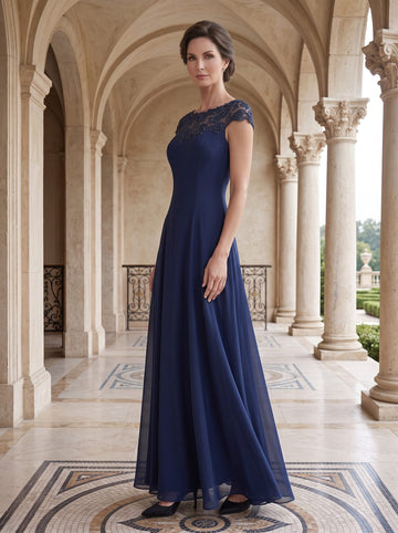 A-Line/Princess Jewel Neck Short Sleeves Floor-Length Mother of the Bride Dresses With Appliques