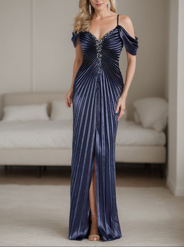 Sheath/Column Off-the-Shoulder Scoop Short Sleeves Floor-Length Mother of The Bride Dresses With Ruffles