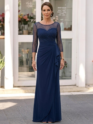 Sheath/Column V-Neck 3/4 Length Sleeves Floor-Length Mother of the Bride Dresses With Rhinestones & Ruched & Ruffles