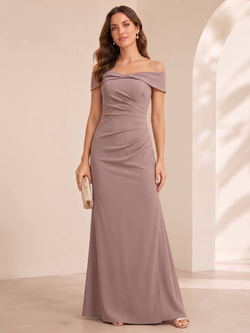 Sheath/Column Off-the-Shoulder Short Sleeves Floor-Length Mother of The Bride Dresses With Ruffles