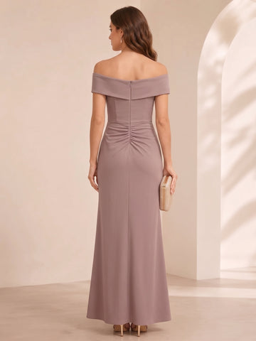 Sheath/Column Off-the-Shoulder Short Sleeves Floor-Length Mother of The Bride Dresses With Ruffles