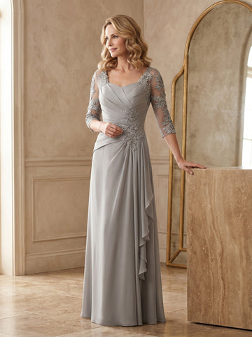 A-Line/Princess Square Neck Half Sleeves Floor-Length Mother of the Bride Dresses With Ruching