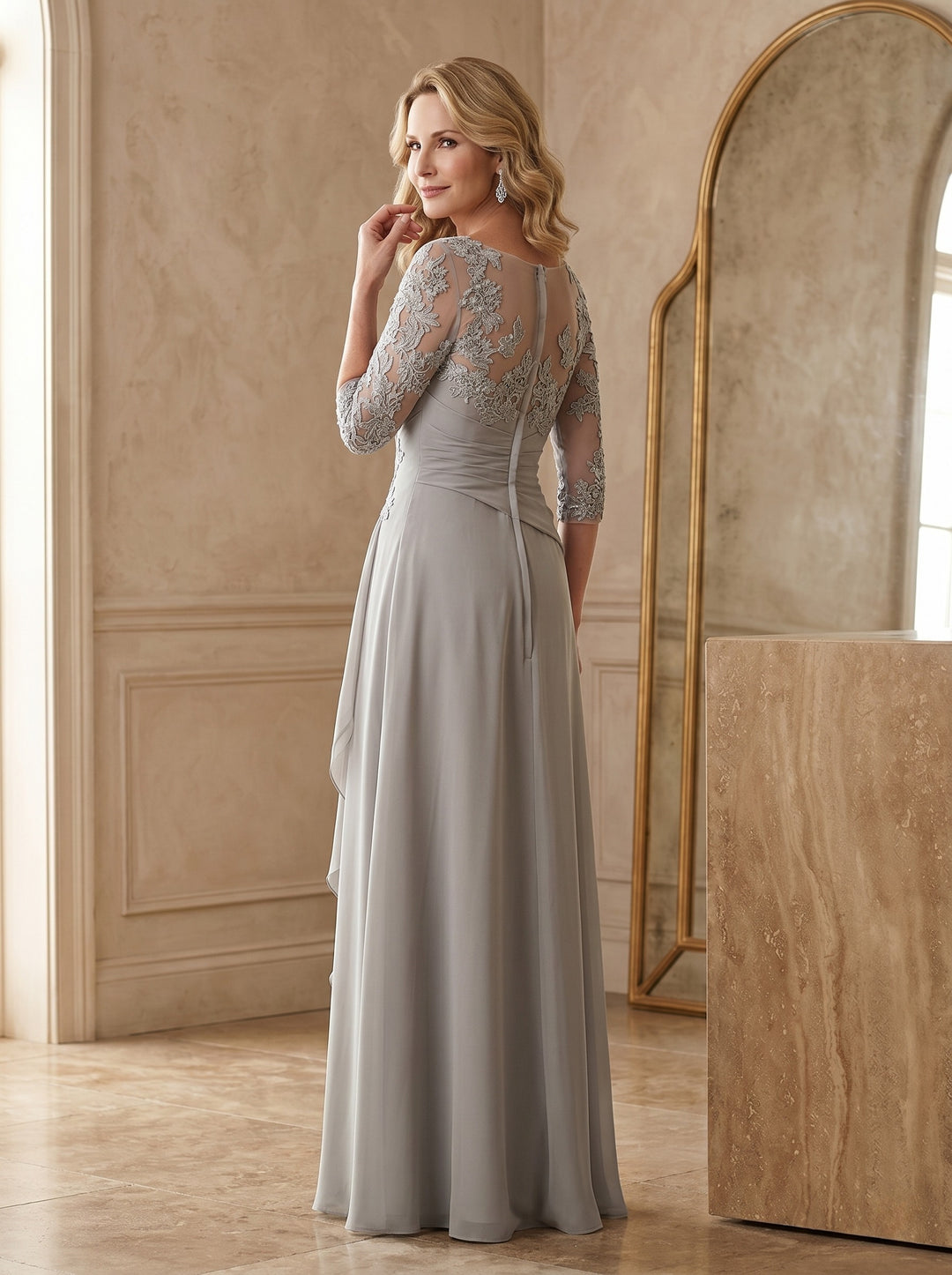 A-Line/Princess Square Neck Half Sleeves Floor-Length Mother of the Bride Dresses With Ruching