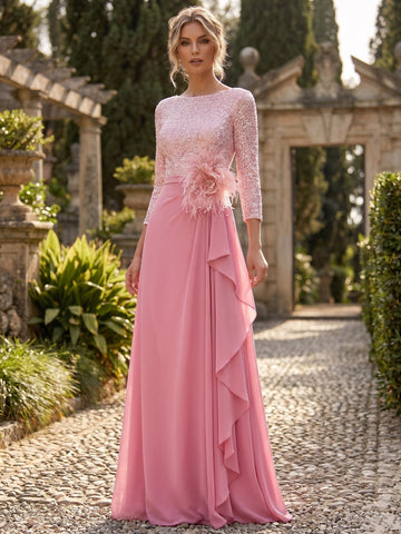 A-Line/Princess Jewel Neck Long Sleeves Asymmetrical Mother of the Bride Dresses With Sequin & Feather & Pearls
