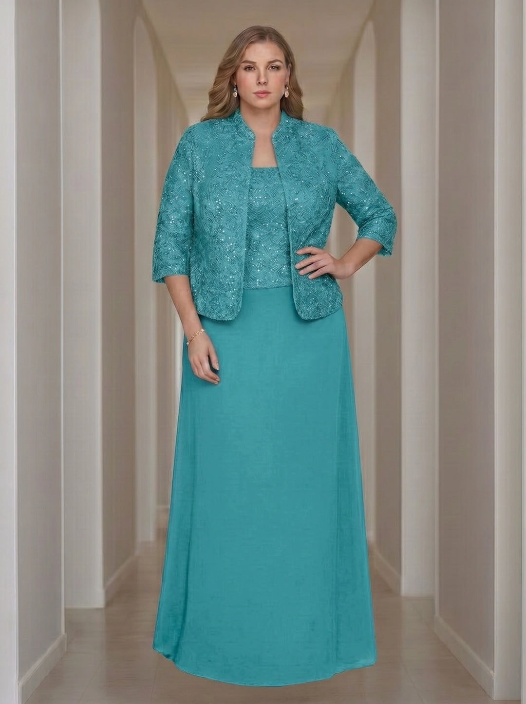 Sheath/Column 2 Pieces Square Neck 3/4 Length Sleeves Floor-Length Mother of the Bride Dresses with Jacket, Lace & Sequins