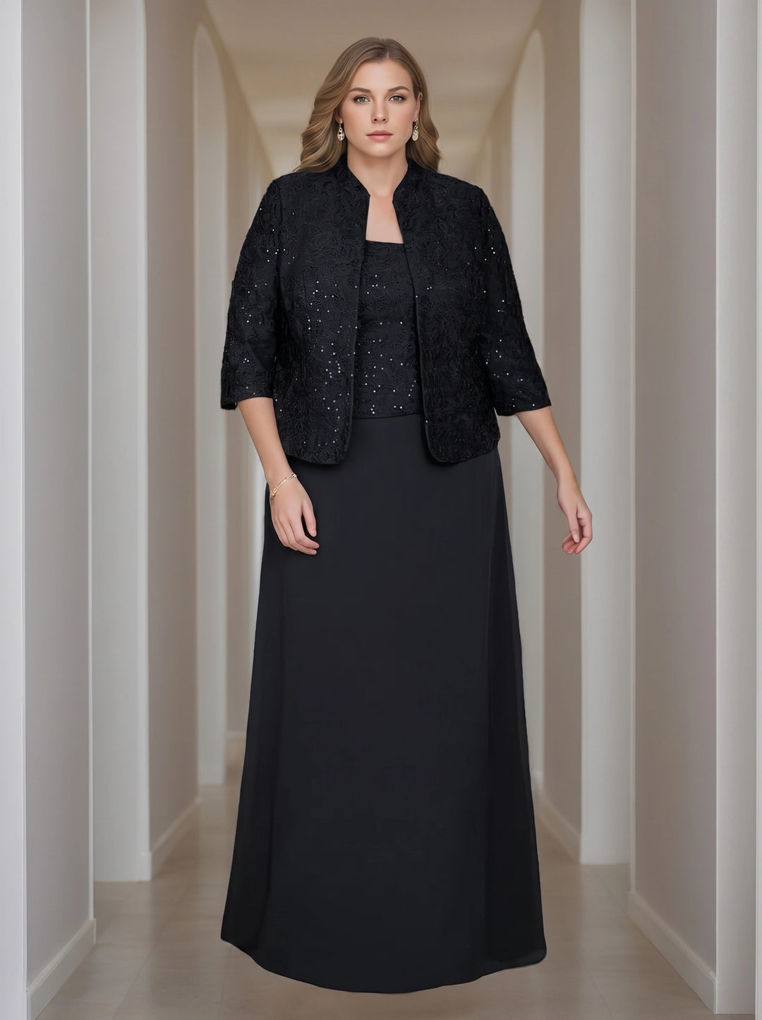 Sheath/Column 2 Pieces Square Neck 3/4 Length Sleeves Floor-Length Mother of the Bride Dresses with Jacket, Lace & Sequins