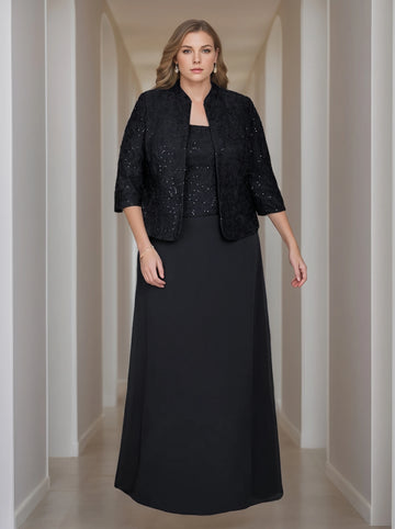 Sheath/Column 2 Pieces Square Neck 3/4 Length Sleeves Floor-Length Mother of the Bride Dresses with Jacket, Lace & Sequins
