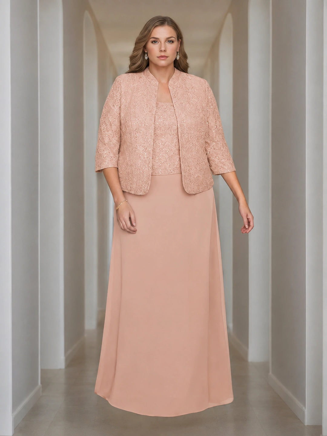 Sheath/Column 2 Pieces Square Neck 3/4 Length Sleeves Floor-Length Mother of the Bride Dresses with Jacket, Lace & Sequins