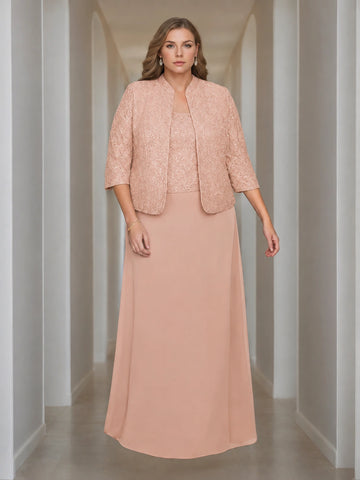 Sheath/Column 2 Pieces Square Neck 3/4 Length Sleeves Floor-Length Mother of the Bride Dresses with Jacket, Lace & Sequins