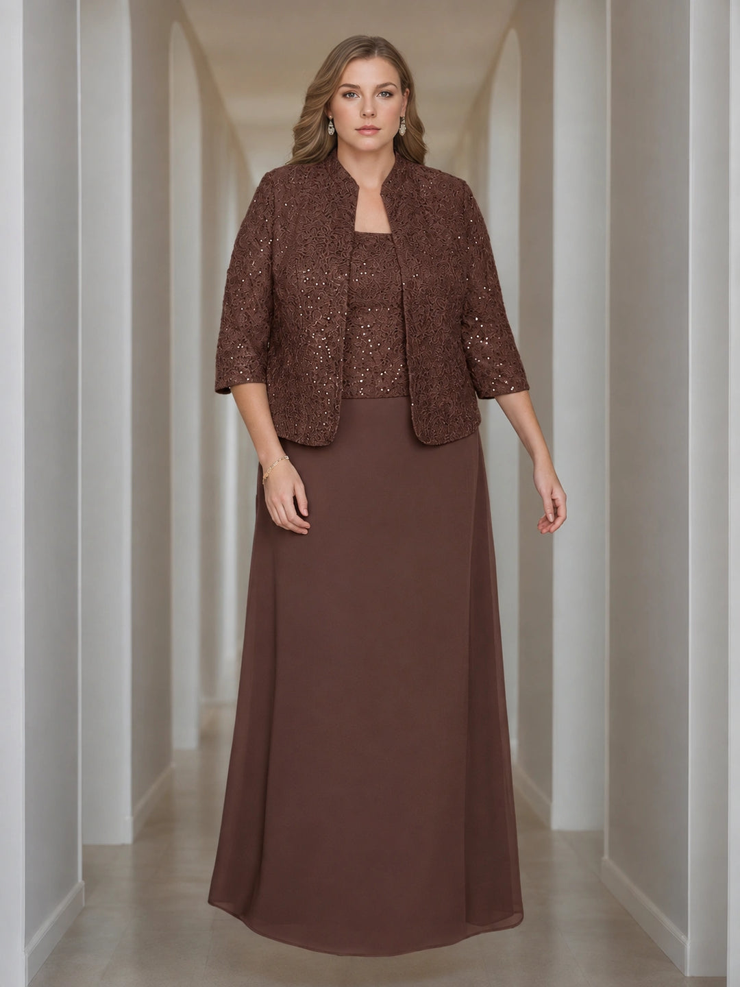 Sheath/Column 2 Pieces Square Neck 3/4 Length Sleeves Floor-Length Mother of the Bride Dresses with Jacket, Lace & Sequins