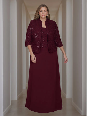Sheath/Column 2 Pieces Square Neck 3/4 Length Sleeves Floor-Length Mother of the Bride Dresses with Jacket, Lace & Sequins