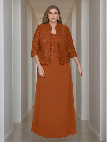 Sheath/Column 2 Pieces Square Neck 3/4 Length Sleeves Floor-Length Mother of the Bride Dresses with Jacket, Lace & Sequins