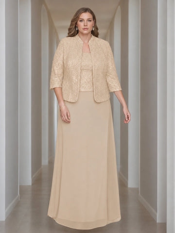 Sheath/Column 2 Pieces Square Neck 3/4 Length Sleeves Floor-Length Mother of the Bride Dresses with Jacket, Lace & Sequins