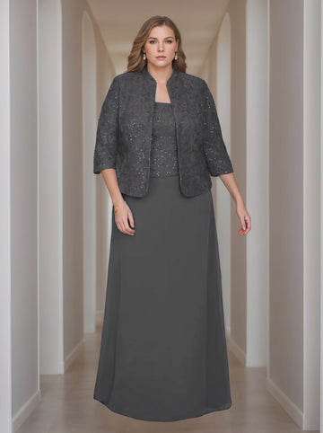 Sheath/Column 2 Pieces Square Neck 3/4 Length Sleeves Floor-Length Mother of the Bride Dresses with Jacket, Lace & Sequins