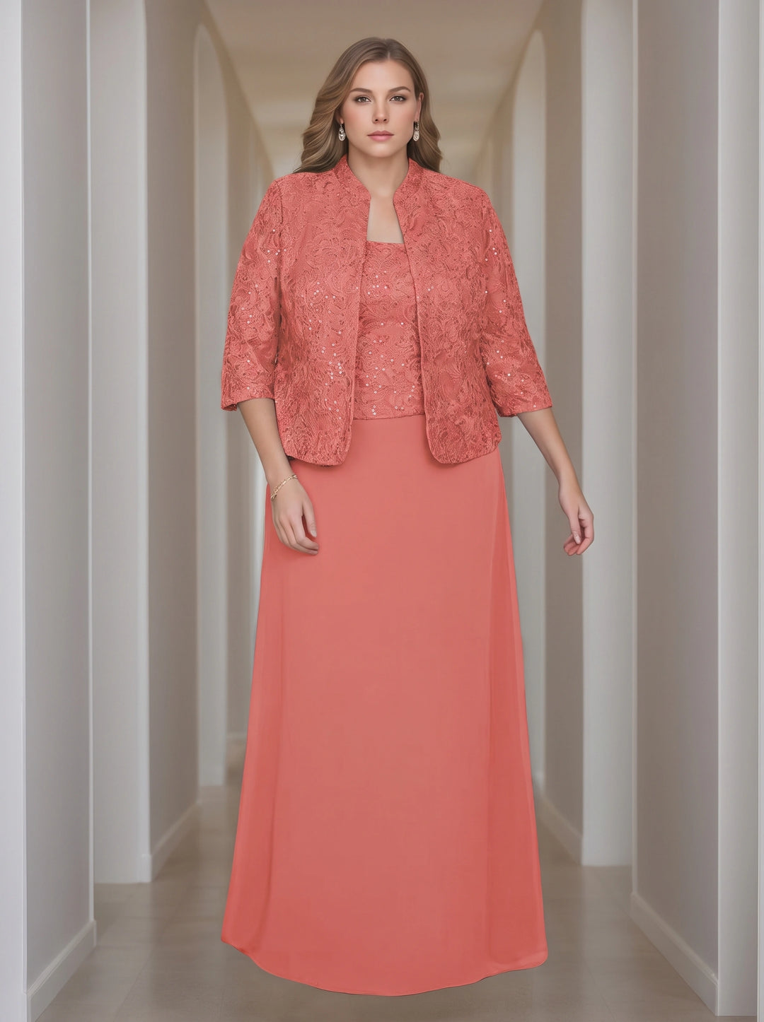 Sheath/Column 2 Pieces Square Neck 3/4 Length Sleeves Floor-Length Mother of the Bride Dresses with Jacket, Lace & Sequins