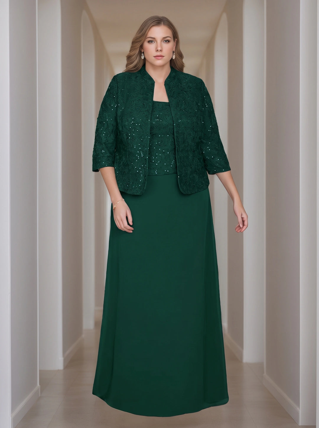 Sheath/Column 2 Pieces Square Neck 3/4 Length Sleeves Floor-Length Mother of the Bride Dresses with Jacket, Lace & Sequins