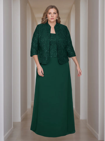 Sheath/Column 2 Pieces Square Neck 3/4 Length Sleeves Floor-Length Mother of the Bride Dresses with Jacket, Lace & Sequins