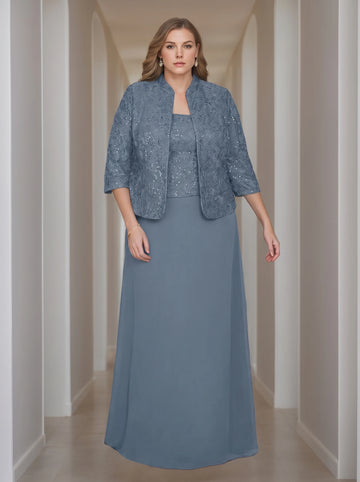 Sheath/Column 2 Pieces Square Neck 3/4 Length Sleeves Floor-Length Mother of the Bride Dresses with Jacket, Lace & Sequins