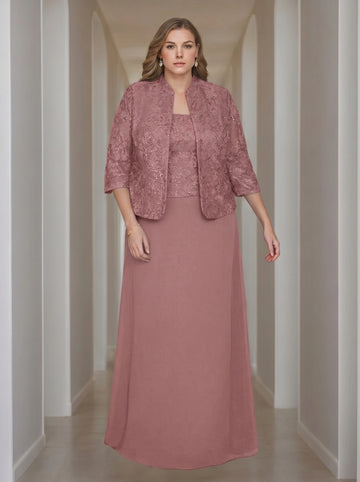 Sheath/Column 2 Pieces Square Neck 3/4 Length Sleeves Floor-Length Mother of the Bride Dresses with Jacket, Lace & Sequins