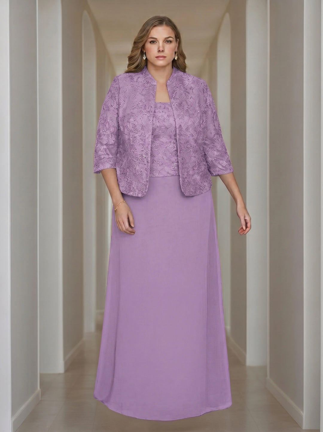 Sheath/Column 2 Pieces Square Neck 3/4 Length Sleeves Floor-Length Mother of the Bride Dresses with Jacket, Lace & Sequins