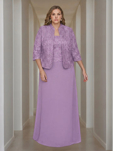 Sheath/Column 2 Pieces Square Neck 3/4 Length Sleeves Floor-Length Mother of the Bride Dresses with Jacket, Lace & Sequins