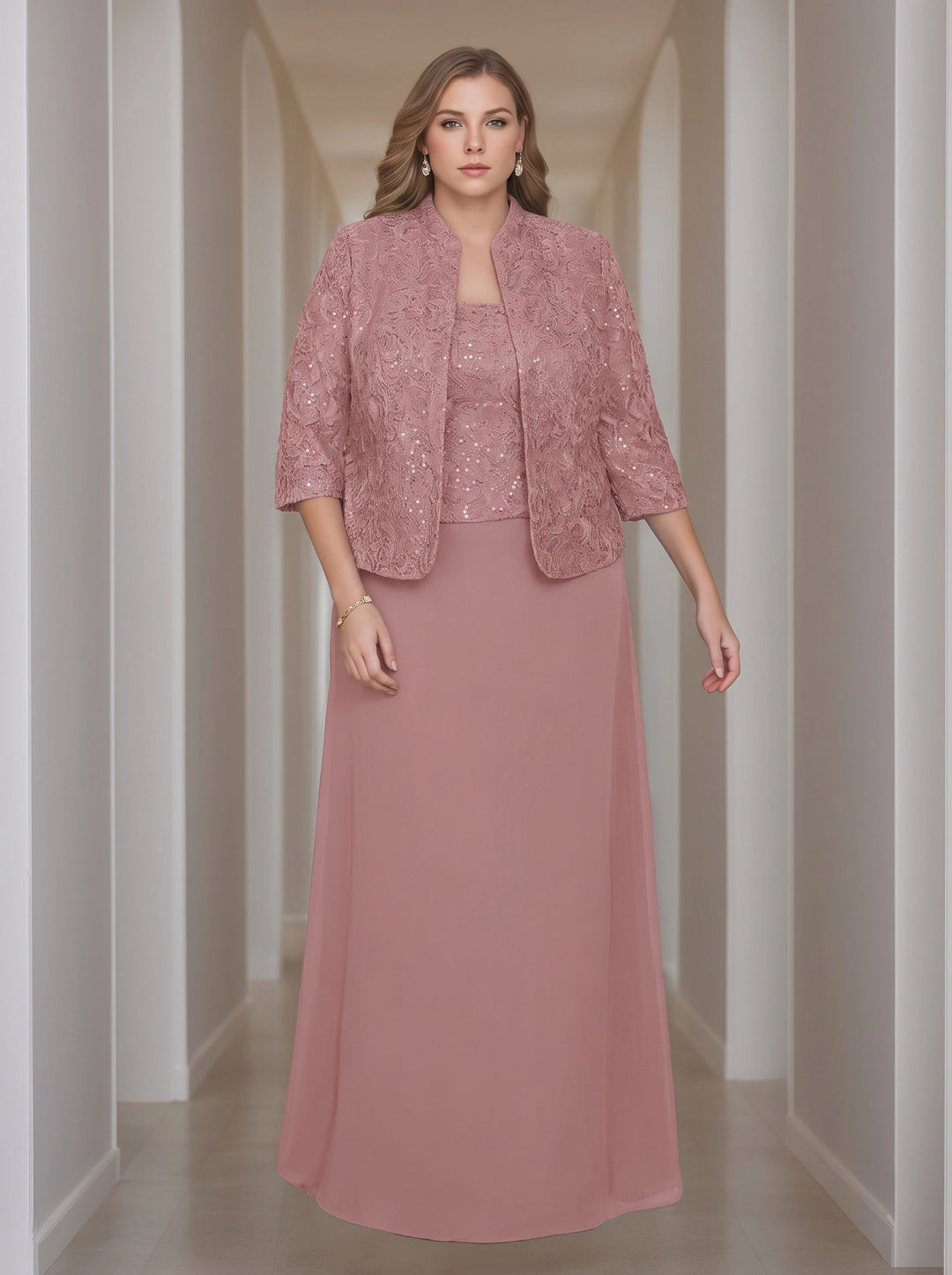 Sheath/Column 2 Pieces Square Neck 3/4 Length Sleeves Floor-Length Mother of the Bride Dresses with Jacket, Lace & Sequins