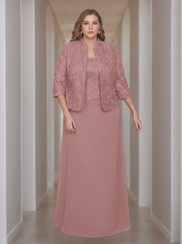 Sheath/Column 2 Pieces Square Neck 3/4 Length Sleeves Floor-Length Mother of the Bride Dresses with Jacket, Lace & Sequins