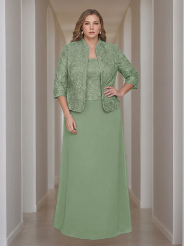 Sheath/Column 2 Pieces Square Neck 3/4 Length Sleeves Floor-Length Mother of the Bride Dresses with Jacket, Lace & Sequins