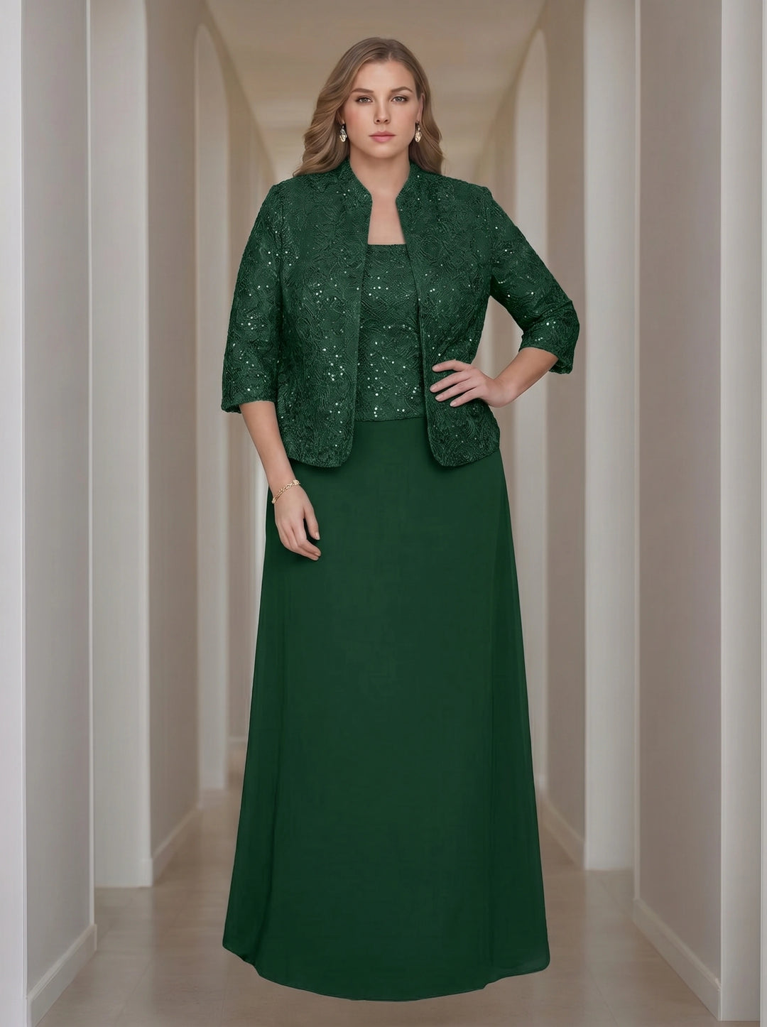 Sheath/Column 2 Pieces Square Neck 3/4 Length Sleeves Floor-Length Mother of the Bride Dresses with Jacket, Lace & Sequins