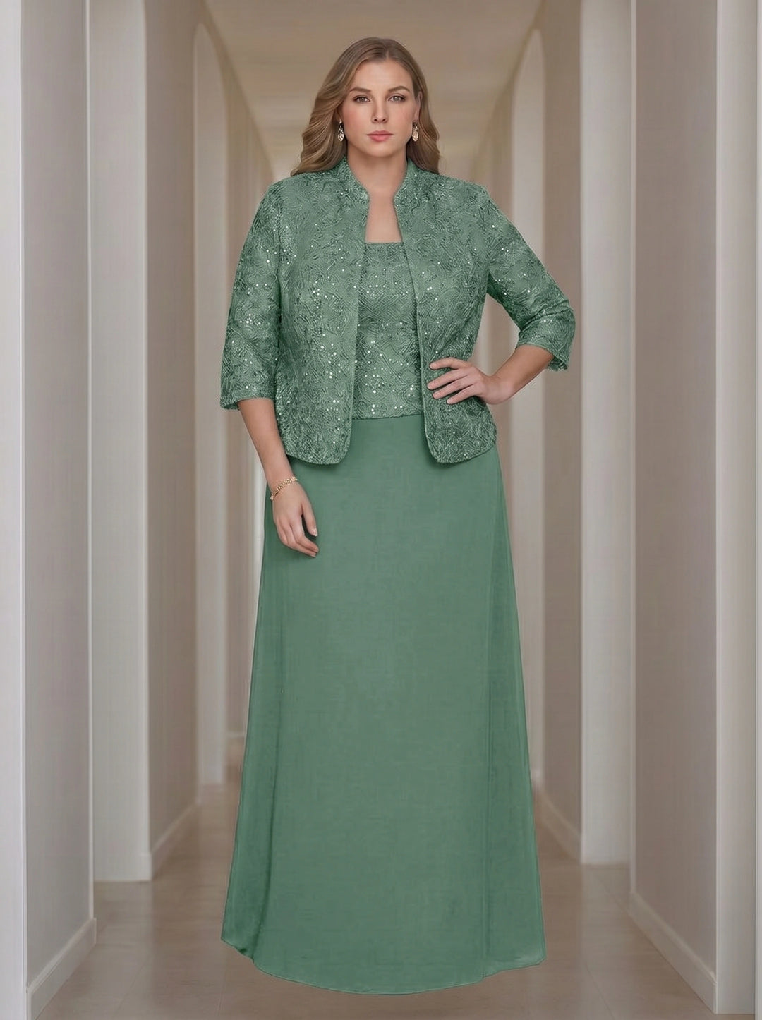 Sheath/Column 2 Pieces Square Neck 3/4 Length Sleeves Floor-Length Mother of the Bride Dresses with Jacket, Lace & Sequins