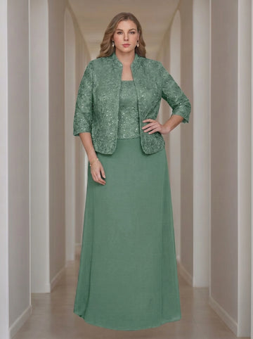 Sheath/Column 2 Pieces Square Neck 3/4 Length Sleeves Floor-Length Mother of the Bride Dresses with Jacket, Lace & Sequins