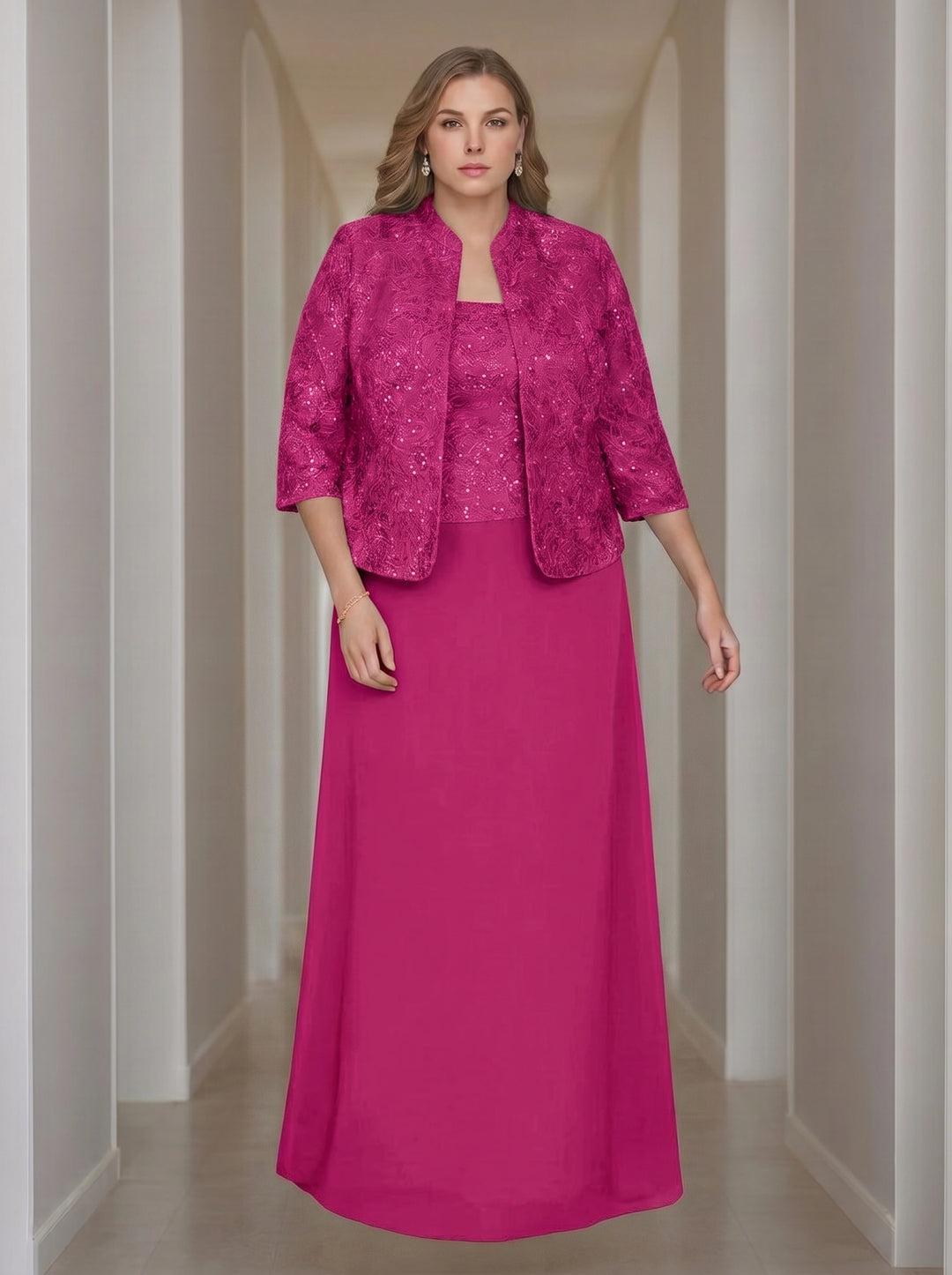 Sheath/Column 2 Pieces Square Neck 3/4 Length Sleeves Floor-Length Mother of the Bride Dresses with Jacket, Lace & Sequins