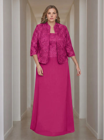 Sheath/Column 2 Pieces Square Neck 3/4 Length Sleeves Floor-Length Mother of the Bride Dresses with Jacket, Lace & Sequins