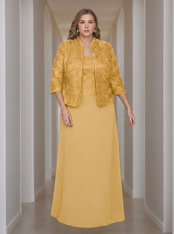 Sheath/Column 2 Pieces Square Neck 3/4 Length Sleeves Floor-Length Mother of the Bride Dresses with Jacket, Lace & Sequins