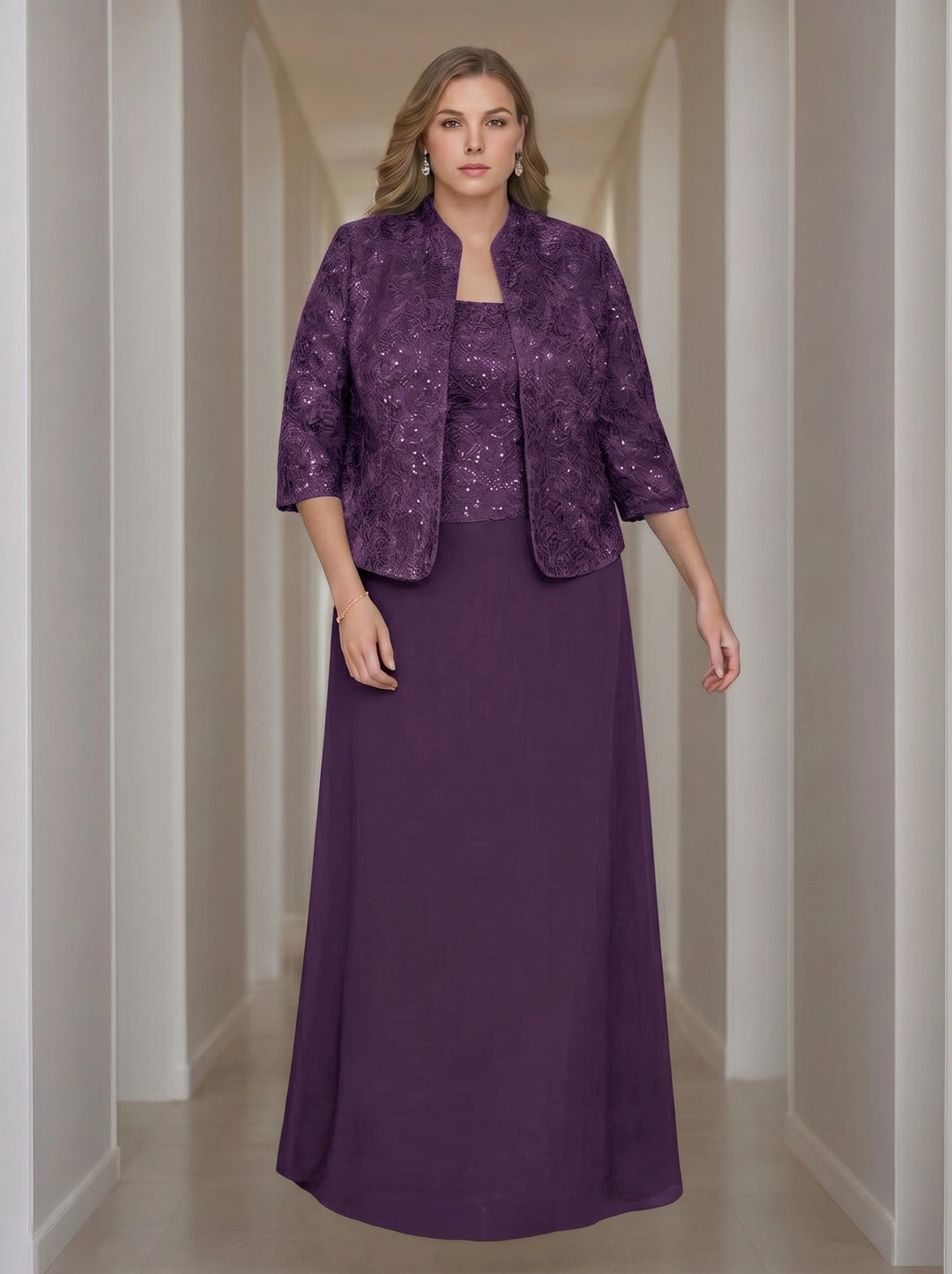 Sheath/Column 2 Pieces Square Neck 3/4 Length Sleeves Floor-Length Mother of the Bride Dresses with Jacket, Lace & Sequins