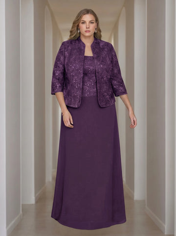 Sheath/Column 2 Pieces Square Neck 3/4 Length Sleeves Floor-Length Mother of the Bride Dresses with Jacket, Lace & Sequins