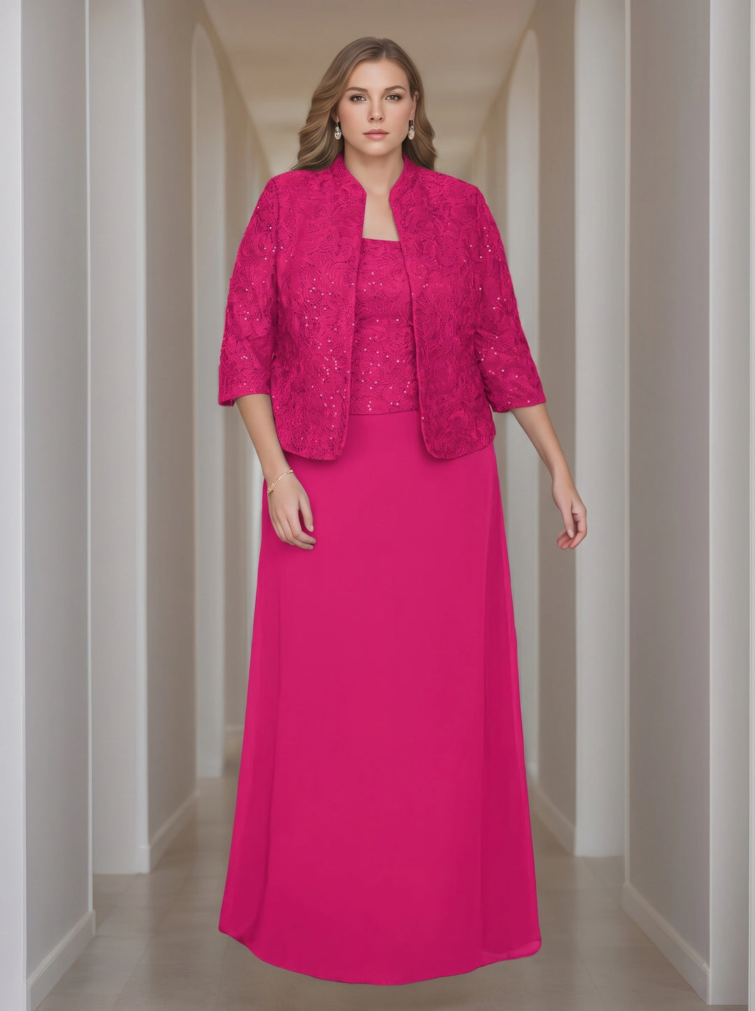 Sheath/Column 2 Pieces Square Neck 3/4 Length Sleeves Floor-Length Mother of the Bride Dresses with Jacket, Lace & Sequins