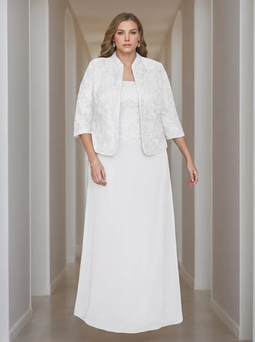 Sheath/Column 2 Pieces Square Neck 3/4 Length Sleeves Floor-Length Mother of the Bride Dresses with Jacket, Lace & Sequins