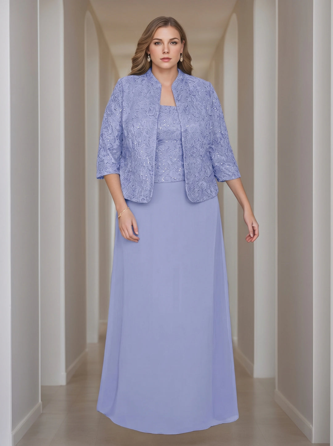 Sheath/Column 2 Pieces Square Neck 3/4 Length Sleeves Floor-Length Mother of the Bride Dresses with Jacket, Lace & Sequins
