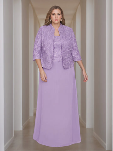 Sheath/Column 2 Pieces Square Neck 3/4 Length Sleeves Floor-Length Mother of the Bride Dresses with Jacket, Lace & Sequins
