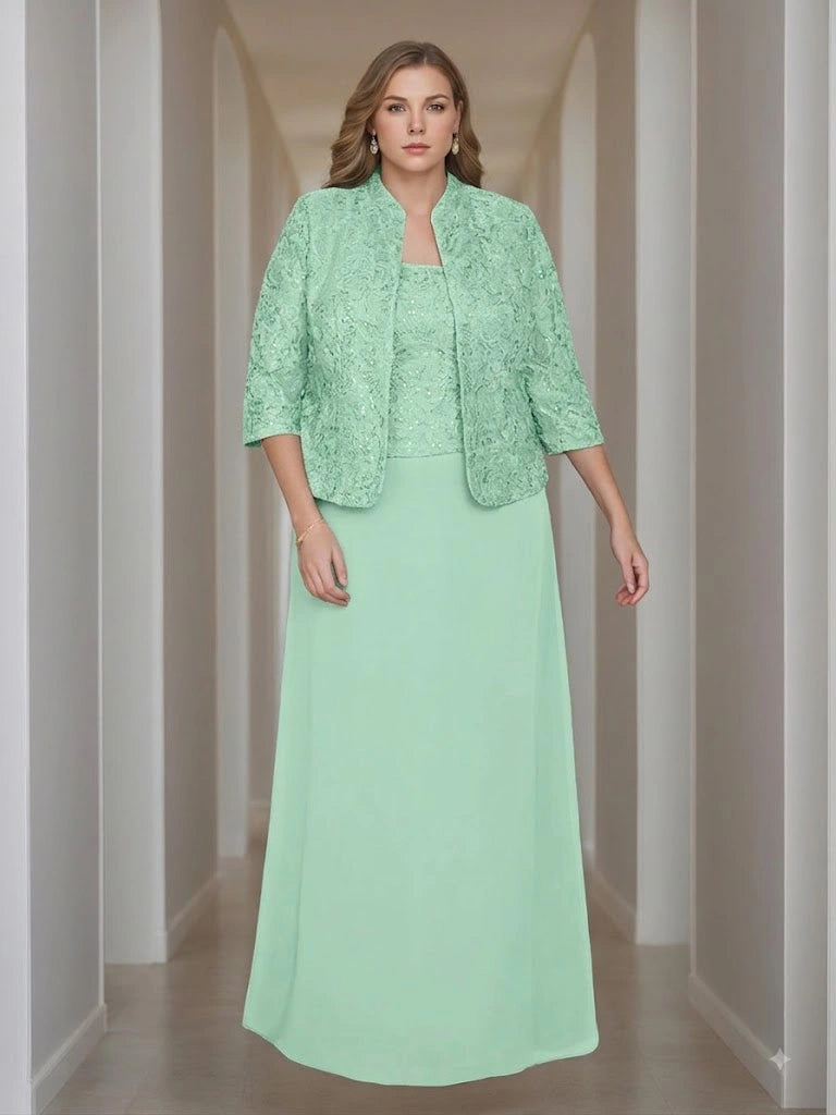 Sheath/Column 2 Pieces Square Neck 3/4 Length Sleeves Floor-Length Mother of the Bride Dresses with Jacket, Lace & Sequins