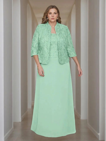 Sheath/Column 2 Pieces Square Neck 3/4 Length Sleeves Floor-Length Mother of the Bride Dresses with Jacket, Lace & Sequins