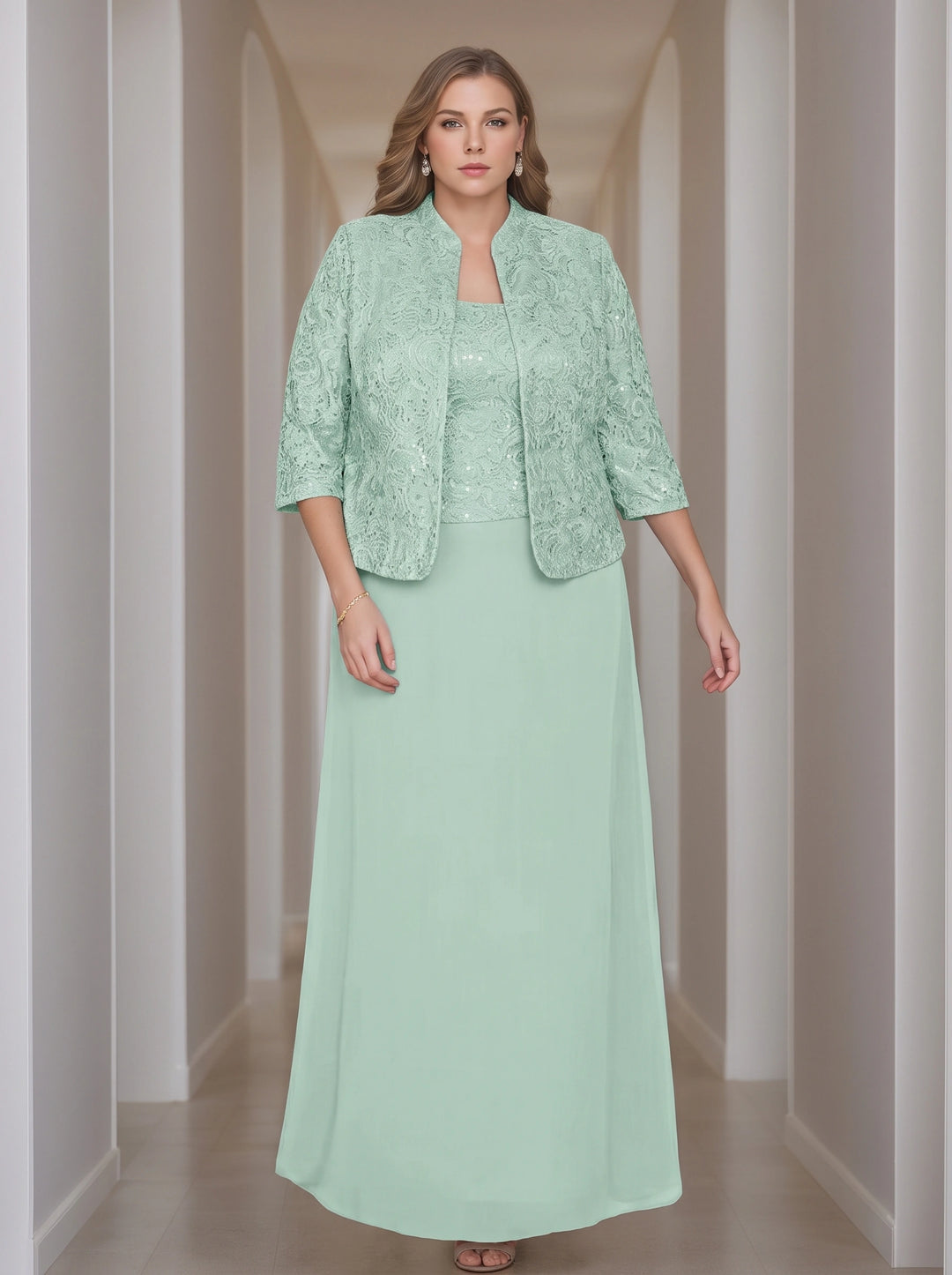 Sheath/Column 2 Pieces Square Neck 3/4 Length Sleeves Floor-Length Mother of the Bride Dresses with Jacket, Lace & Sequins