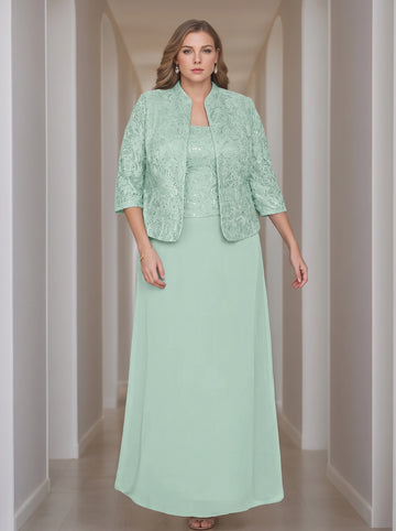 Sheath/Column 2 Pieces Square Neck 3/4 Length Sleeves Floor-Length Mother of the Bride Dresses with Jacket, Lace & Sequins
