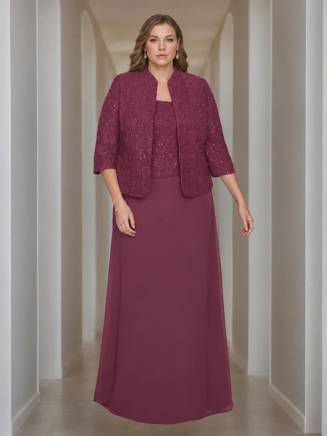 Sheath/Column 2 Pieces Square Neck 3/4 Length Sleeves Floor-Length Mother of the Bride Dresses with Jacket, Lace & Sequins