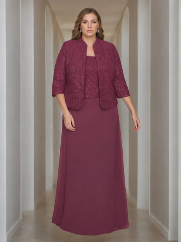 Sheath/Column 2 Pieces Square Neck 3/4 Length Sleeves Floor-Length Mother of the Bride Dresses with Jacket, Lace & Sequins